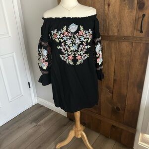 Free People Black Off-Shoulder Dress with Floral Embroidery
